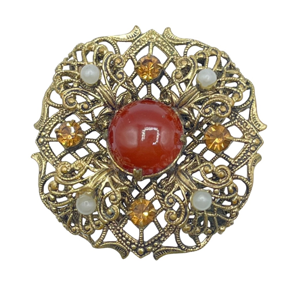 Vintage Faux Pearl Amber Rhinestone Czech Glass Cabochon Filigree Large Brooch